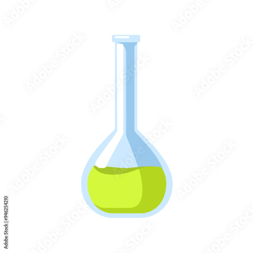 Chemistry lab flask. Glassware vessel with chemical liquid, fluid. Laboratory container for experiments and scientific research. Flat cartoon vector illustration isolated on white background