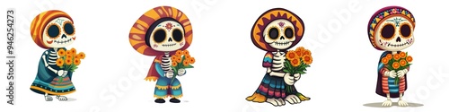 Colorful skeleton characters celebrating with flowers in traditional outfits, perfect for Dia de los Muertos and festive designs.