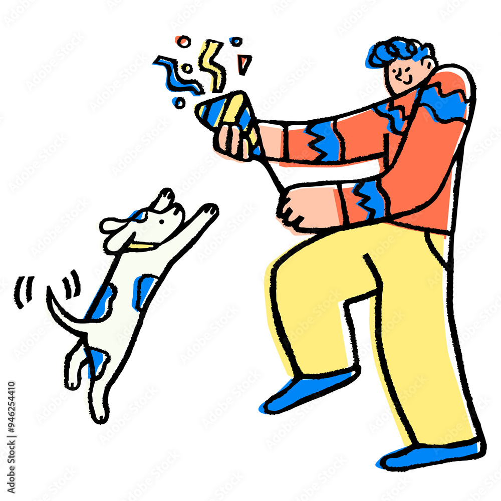 Fototapeta premium Man png holding part popper, festive doodle with cute dog