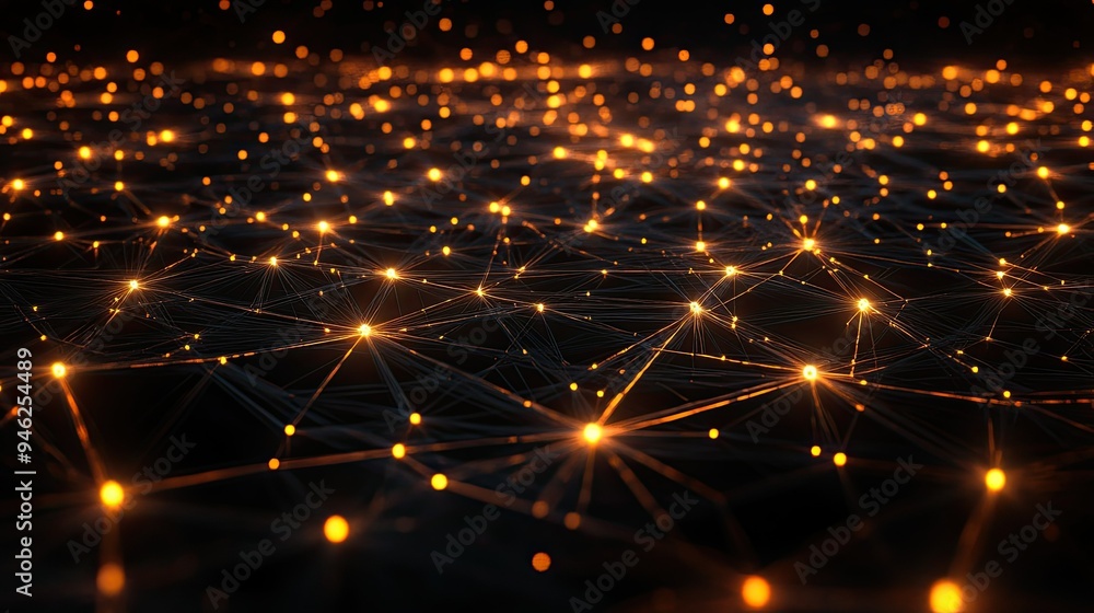 Abstract 3D network with glowing nodes, no people, open space for text Abstract 3D network with glowing nodes, no people, open space for text