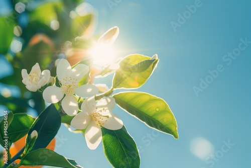 Orange satsuma flower blooming on tree in orchard under sunny blue sky