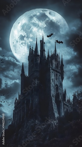 Haunting Medieval Castle against Stormy Moonlit Sky with Flapping Bats