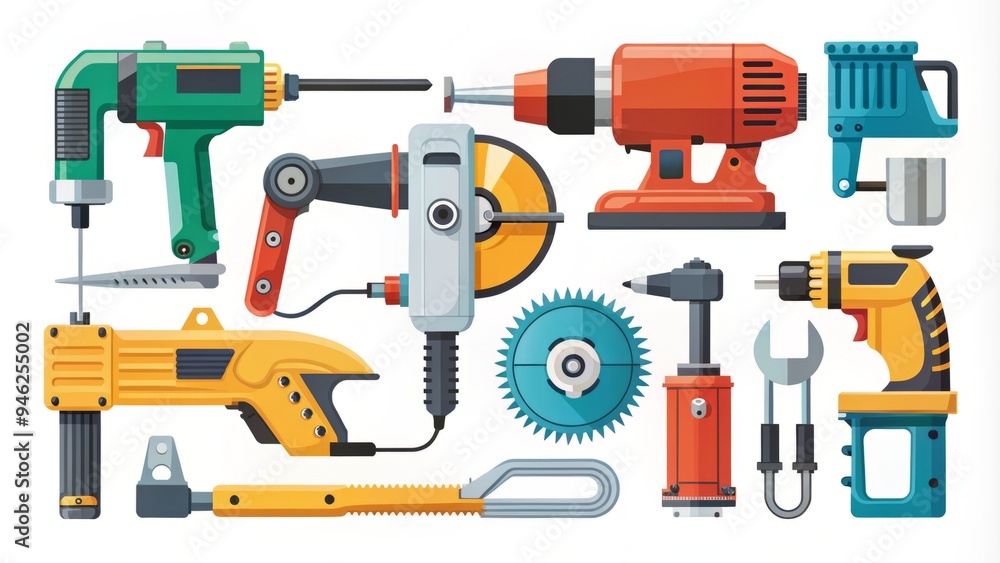 A bold, modern icon set featuring colorful illustrations of various power tools, including drill, saw, wrench, and hammer, on a clean white background. A bold, modern icon set featuring colorful illustrations of various power tools, including drill, saw, wrench, and hammer, on a clean white background.