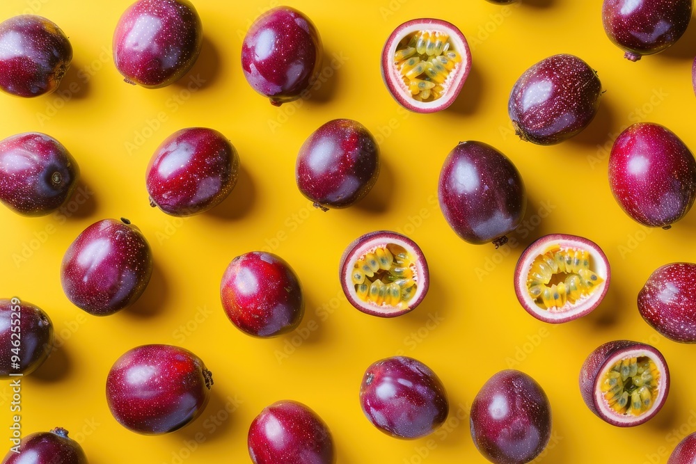 Passion fruit arranged on yellow background in creative tropical flat lay Food idea Passion fruit arranged on yellow background in creative tropical flat lay Food idea