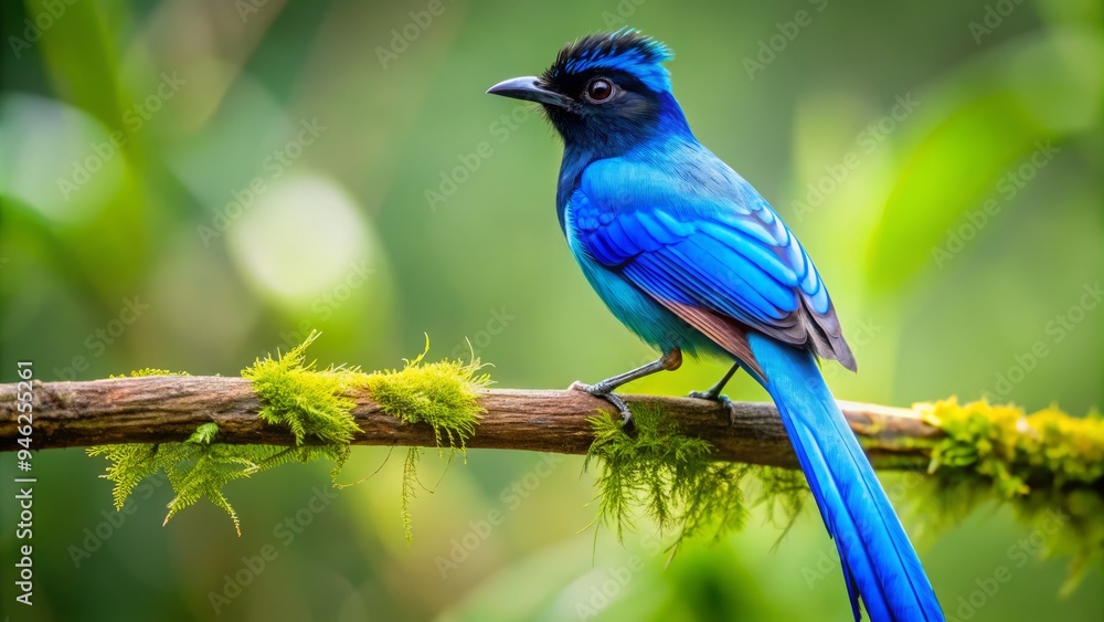 A bright blue and black bird with long, pointed tail feathers and a distinctive crest perches on a branch against a muted green background. A bright blue and black bird with long, pointed tail feathers and a distinctive crest perches on a branch against a muted green background.