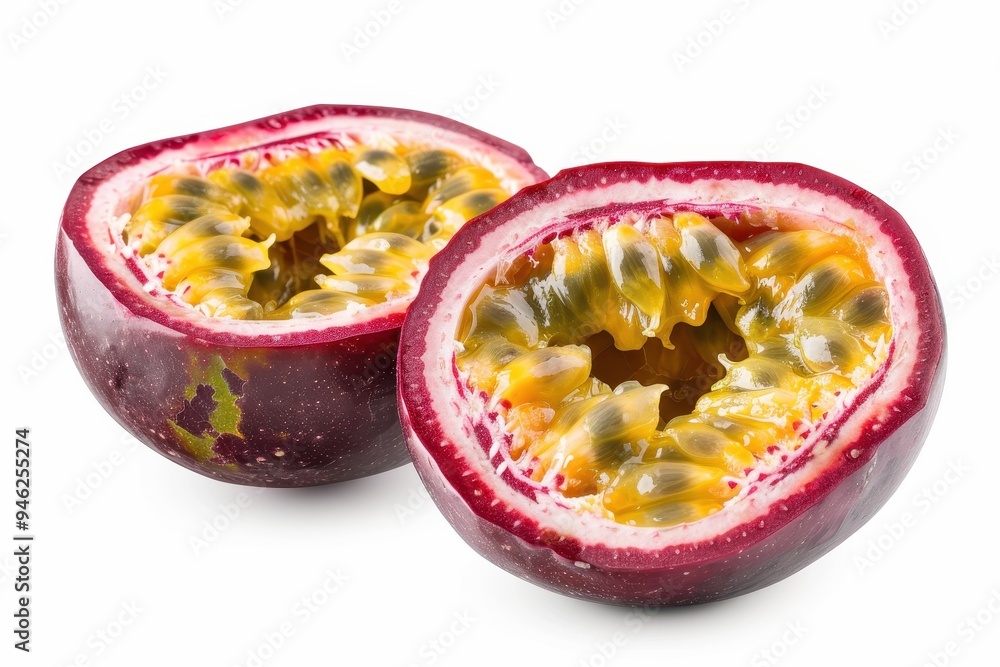 Passion fruit cut in half on white background with clipping path included Passion fruit cut in half on white background with clipping path included