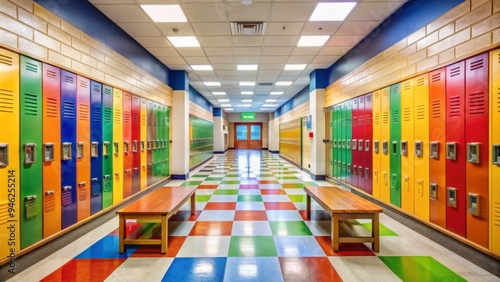 A bright and modern elementary school hallway filled with colorful lockers, wooden desks, and inspirational posters, conveying a sense of learning and community. photo