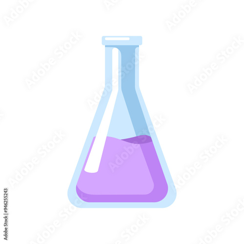 Chemical lab flask for laboratory experiment. Glassware, container filled with liquid, acid. Chemistry equipment for scientific research. Flat cartoon vector illustration isolated on white background