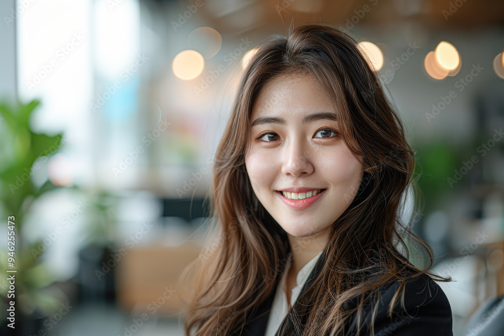 A woman with long brown hair is smiling and looking at the camera A woman with long brown hair is smiling and looking at the camera