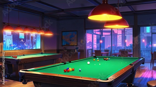 anime billiards room anime background retro neon theme