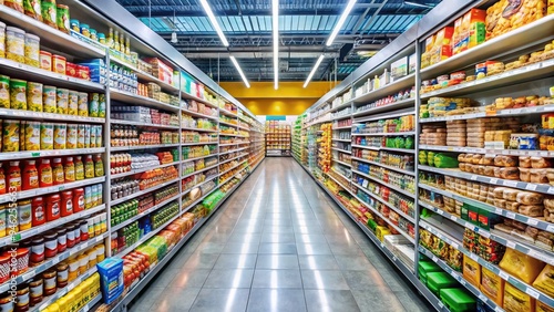 A brightly lit supermarket aisle lined with colorful shelves, packed with various products, including snacks, beverages, and household essentials, creating a bustling shopping atmosphere.