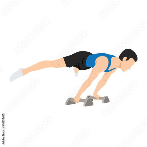 Man doing perfect straddle planche with Push up Bars. Flat vector illustration isolated on white background