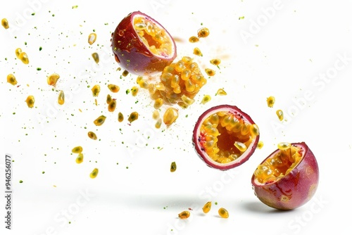 Passionfruit falling on white focus on individual fruit