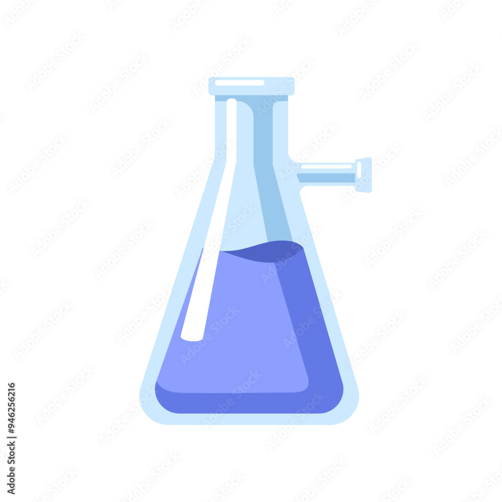 Lab flask with sidearm. Chemical laboratory glassware with liquid for analysis. Chemistry equipment, vessel for experiment and research. Flat cartoon vector illustration isolated on white background Lab flask with sidearm. Chemical laboratory glassware with liquid for analysis. Chemistry equipment, vessel for experiment and research. Flat cartoon vector illustration isolated on white background