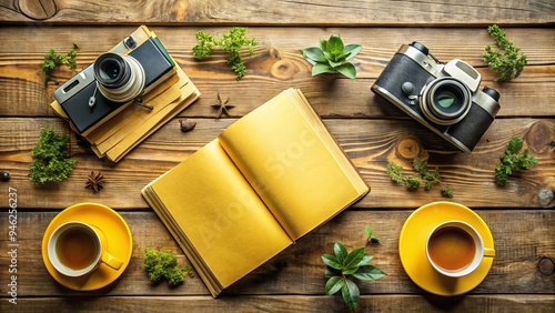 A bright yellow paperback book lies open on a rustic wooden table amidst scattered coffee cups and vintage cameras, surrounded by natural greenery. photo