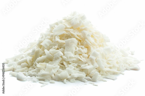 Pile of coconut shavings on white backdrop photo