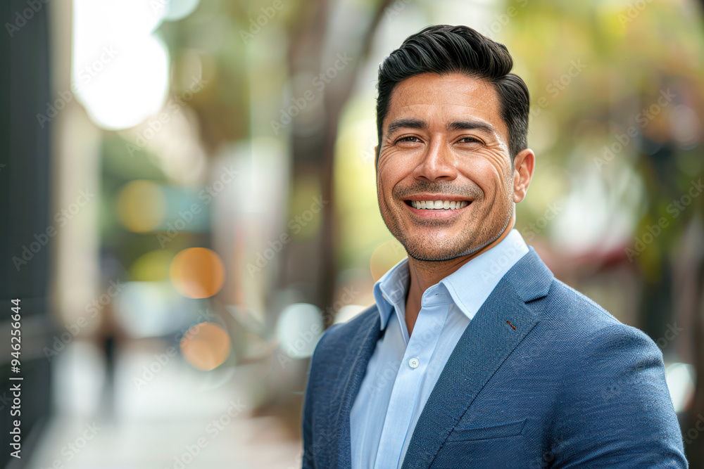 A man in a blue suit and white shirt is smiling for the camera A man in a blue suit and white shirt is smiling for the camera