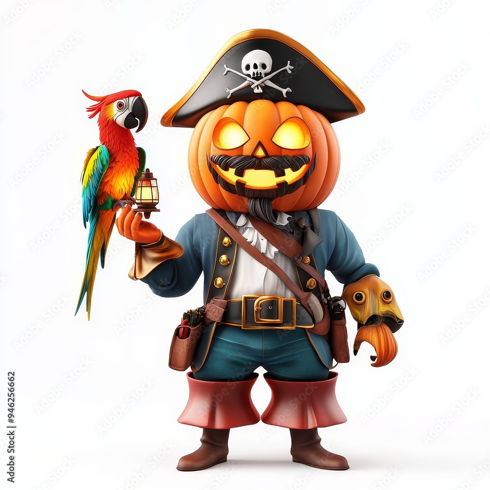 Pirate captain with pumpkin head, parrot holding a tiny lantern, Halloween night, 3D illustration Pirate captain with pumpkin head, parrot holding a tiny lantern, Halloween night, 3D illustration