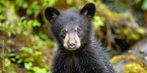 A young black bear exploring its natural habitat in a lush, green forest during a rainy afternoon in the wilderness