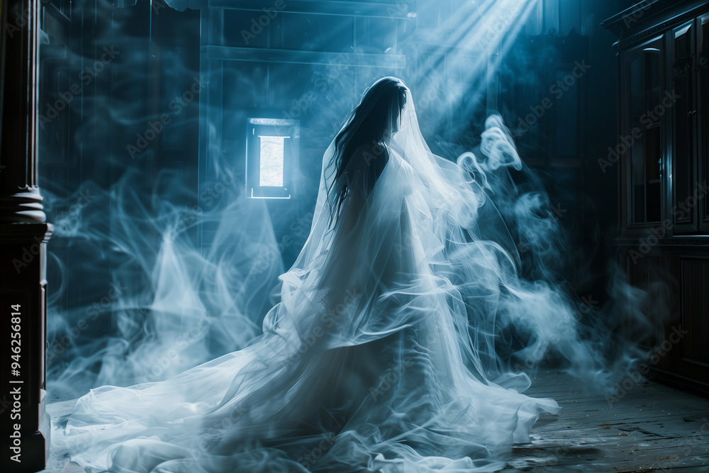 Ghost of the Corpse Bride levitating eerily in shadows with a cursed wedding dress seeking revenge Ghost of the Corpse Bride levitating eerily in shadows with a cursed wedding dress seeking revenge