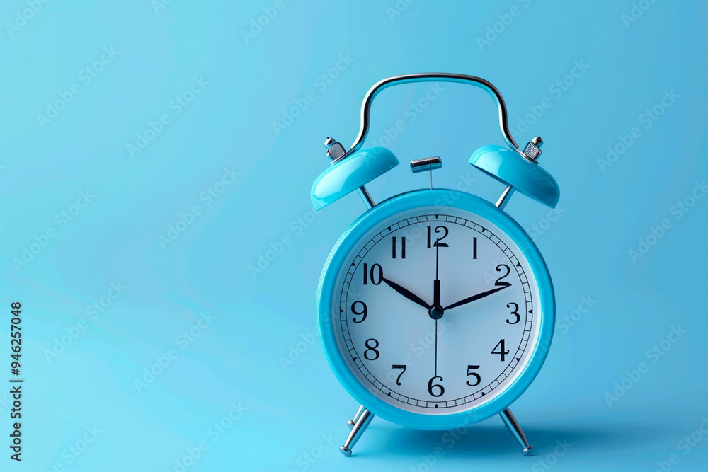 Blue color old fashioned bell alarm clock isolated on blue background Blue color old fashioned bell alarm clock isolated on blue background