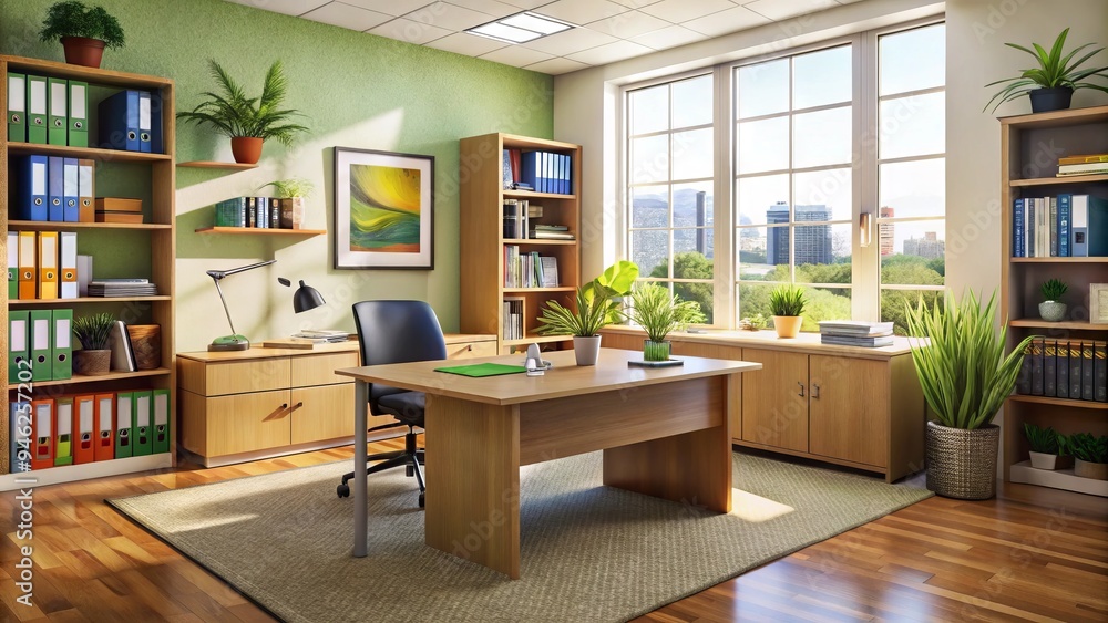 A calm and organized high school guidance office with a desk, chair, and bookshelves stocked with college prep materials and inspirational posters. A calm and organized high school guidance office with a desk, chair, and bookshelves stocked with college prep materials and inspirational posters.