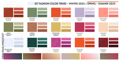 ACTUAL FRESH New fashion color trend winter spring season 2024 2025. Color palette forecast of the future color trend
