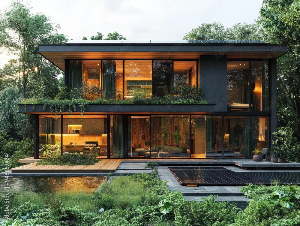 ecofriendly smart home with sleek solar panels surrounded by lush green landscaping modern architecture ecofriendly smart home with sleek solar panels surrounded by lush green landscaping modern architecture