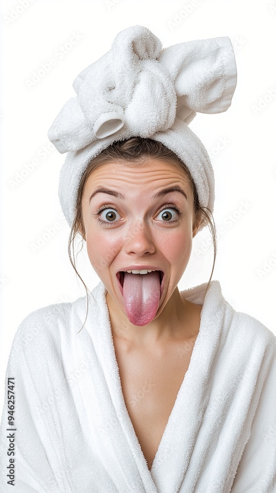 Playful woman in white bathrobe and elephant-shaped towel headwrap makes silly face, sticking out tongue with wide eyes for humorous spa day selfie. Playful woman in white bathrobe and elephant-shaped towel headwrap makes silly face, sticking out tongue with wide eyes for humorous spa day selfie.