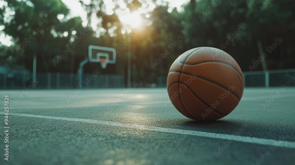 Basketball alone on a court, close-up shot, focus on the ball's texture, space for text Basketball alone on a court, close-up shot, focus on the ball's texture, space for text