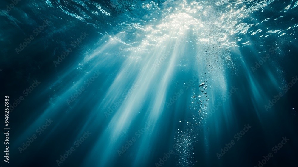 Submerged Serenity: Ethereal light pierces the ocean depths in a captivating underwater scene. Submerged Serenity: Ethereal light pierces the ocean depths in a captivating underwater scene.