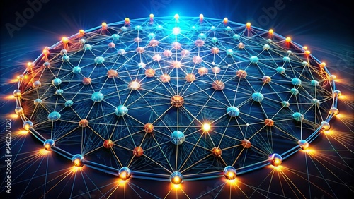 A circular formation of interconnected nodes and lines converging towards a central point, symbolizing unity, collaboration, and collective strength in a modern, abstract design.