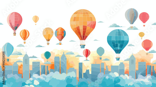 Urban Scene with Colorful Aerostats Flying in Air Fla