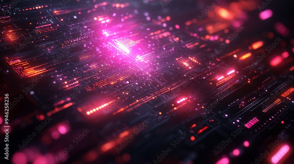 Fototapeta premium A vibrant holographic interface displays data and visual elements for moderating online interactions in real-time, highlighting advanced technology.