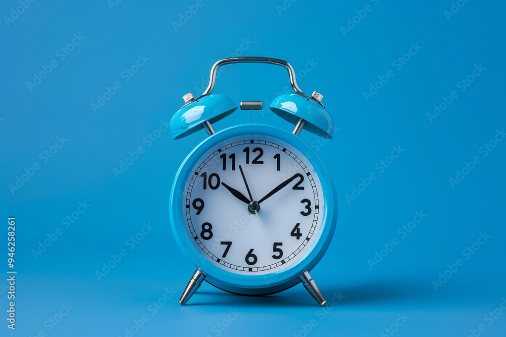 Blue color old fashioned bell alarm clock isolated on blue background Blue color old fashioned bell alarm clock isolated on blue background