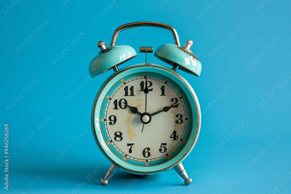 Blue color old fashioned bell alarm clock isolated on blue background Blue color old fashioned bell alarm clock isolated on blue background