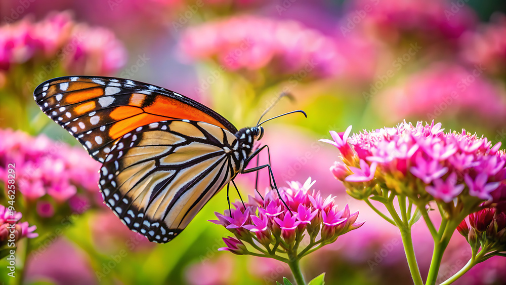 Common Tiger or Danaus genutia, Orange with white and black color pattern on insect wing, Monarch butterfly seeking nectar on flower in the field with Common Tiger or Danaus genutia, Orange with white and black color pattern on insect wing, Monarch butterfly seeking nectar on flower in the field with