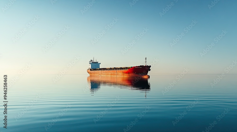 Cargo ship sailing through calm waters, clear skies no people ample space for text Cargo ship sailing through calm waters, clear skies no people ample space for text