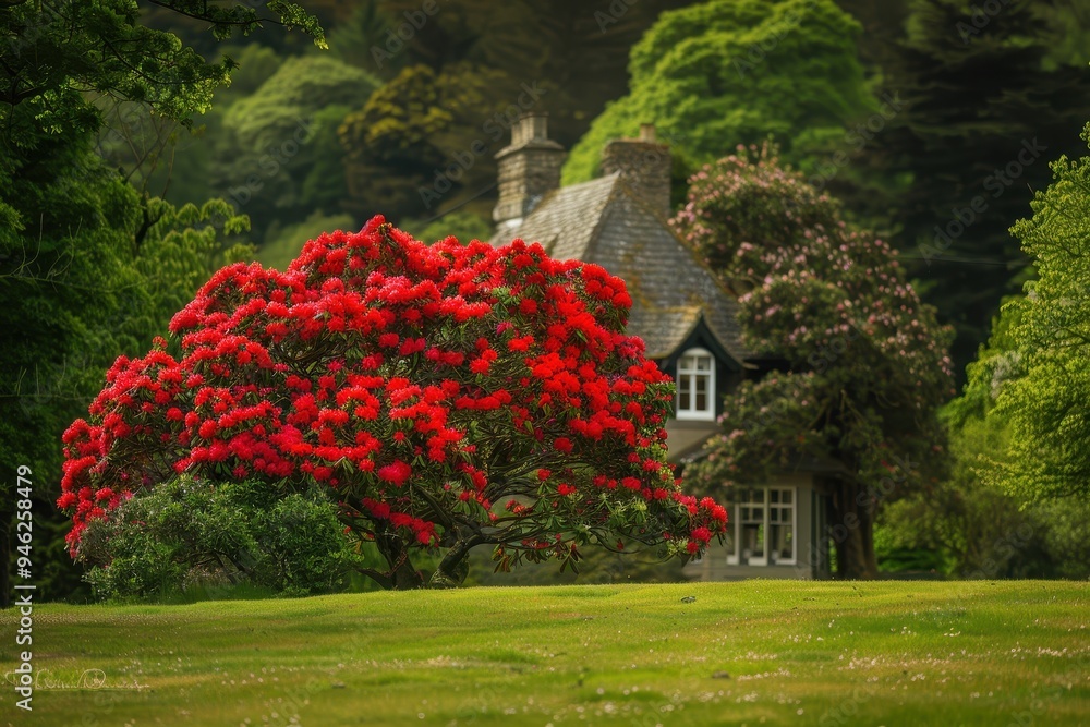 Obraz premium Red Rhododendron in England s rural landscape