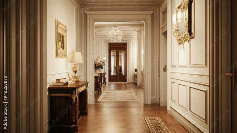 Fototapeta premium Classic hallway with ornate molding, sophisticated decor, room for copy