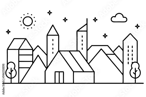 Futuristic City Rooftops with Nature Elements Vector Art