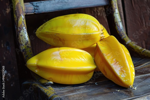 Ripe starfruit on dark wood chair oval shape shiny yellow skin and flesh five ridges photo