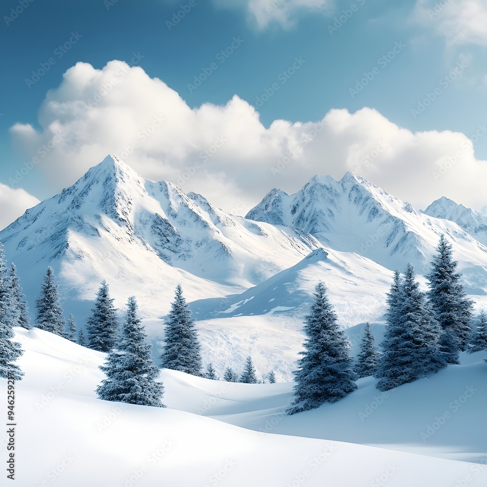 Fototapeta premium Majestic Snow Capped Mountains Against Pristine Azure Sky with Serene Winter Landscape