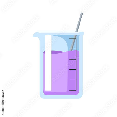 Beaker, laboratory glassware. Measurement container with metal sirring stick for chemical experiments, chemistry lab tests. Acid liquid. Flat cartoon vector illustration isolated on white background
