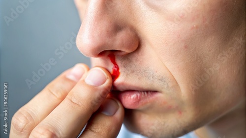 A close-up shot of a person's hand gently pinching the bridge of their nose to stop a minor bleeding caused by a minor injury. photo