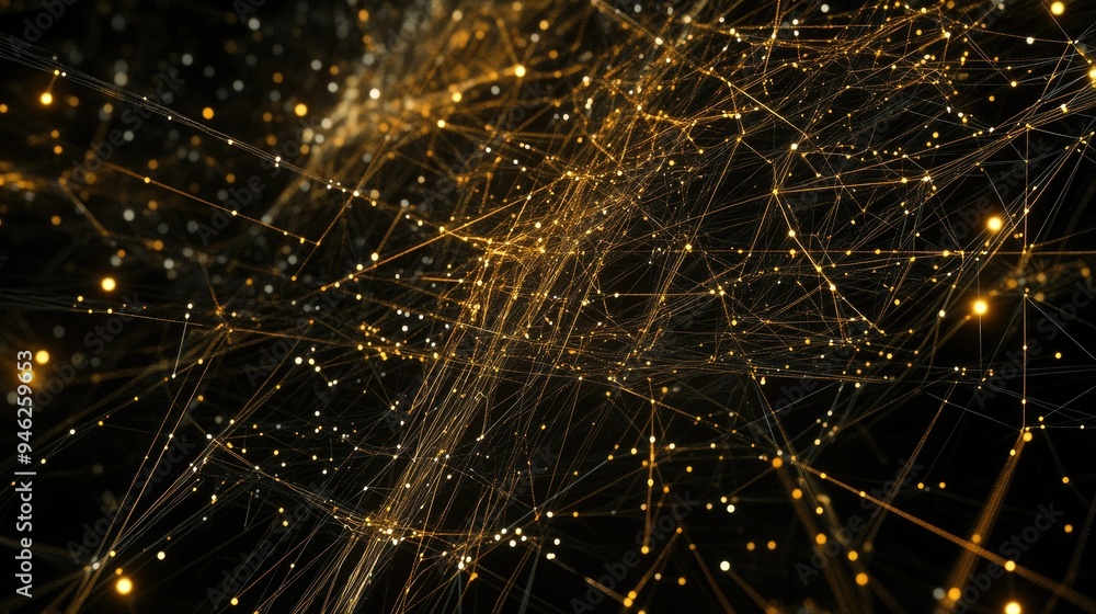 Complex network in 3D space, digital nodes and lines, no people, room for text Complex network in 3D space, digital nodes and lines, no people, room for text