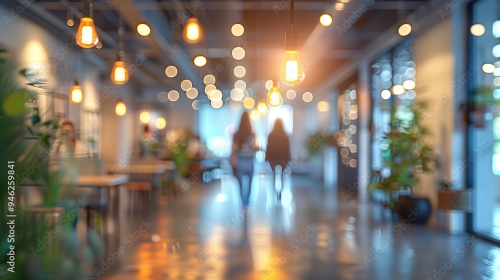 A Casual Business Environment with Blurred Figures and Bokeh Background A Casual Business Environment with Blurred Figures and Bokeh Background