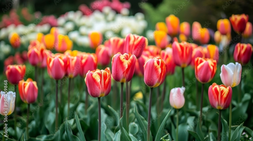 Striped tulips bloom in garden. Striped tulips bloom in garden.