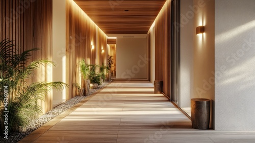 Cozy hallway with wooden accents, soft lighting, perfect for text overlay