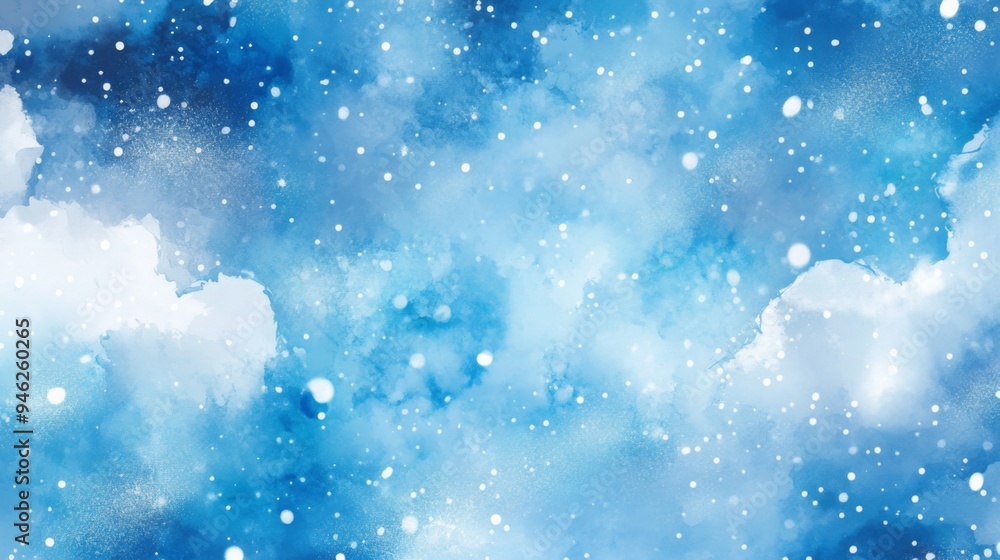 Fototapeta premium Clouds and sky watercolor hand drawn illustration. Abstract blue snowflakes winter watercolour background. Sky pattern with snow. Light blue watercolour paper texture background.